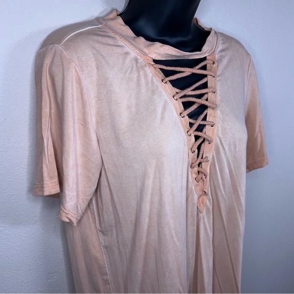 MEDIUM ENTRO ORANGE PASTEL TOP SHORT SLEEVE STRETCH LACE UP NECKLINE BOHO - Picture 3 of 10